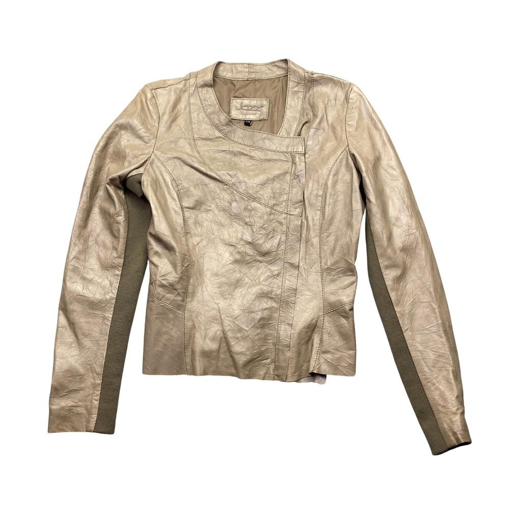 Jazz Womens Leather Moto Jacket‎ Asymmetrical Zip Taupe Size S 36 Grunge Retro